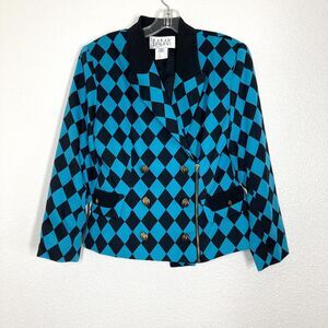 Babak Blazer Womens 38 Blue Black Harlequin Argyle Double Breasted Jacket Italy